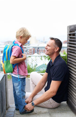 Sticker - My sons big day. A father helping his son get ready for school.