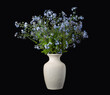Bouquet of blooming true forget-me-not in a ceramic vase on a black background