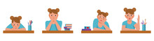 Set Of Emotions Of A Cute Schoolgirl Sitting At A Desk. A Collection Of Vector Illustrations In A Flat Cartoon Style.