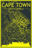 Fototapeta Młodzieżowe - Yellow printout city poster with panoramic skyline and hand-drawn streets network on dark gray background of the downtown CAPE TOWN, SOUTH AFRICA