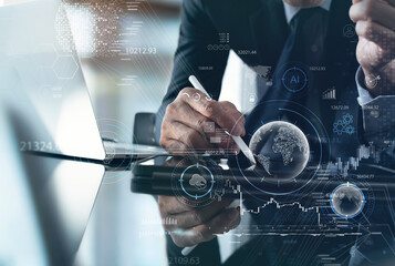 Wall Mural - Business and Artificial Intelligence AI, Data Science, Digital Technology concept. Businessman working with laptop computer and big data, global internet network