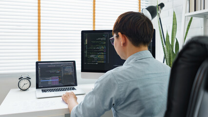 Wall Mural - software development concept, male programmer typing data code on laptop to develop app and website