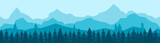 Fototapeta Las - Forest panorama with coniferous trees. Horizontal panoramic seamless banner with hilly forest background, pine, cedar, wood in dark and light blue tones. Flat vector illustration.