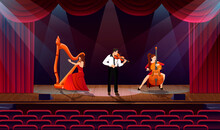 Classical Music Concert. Symphonic Orchestra Group On Theatre, Opera Scene. Musicians Band On Stage. Woman In Red Dress Playing Harp. Man Violinist. Girl Play On Cello. Empty Hall. Vector Illustration