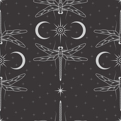 Wall Mural - vector seamless dark celestial pattern with different stars, crescent and dragonfly on a black. inse