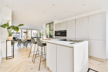 Modern Cabinetry With Appliances Located In A Bright Open Plan Kitchen Next To The Dining Room In A Stylish Apartment