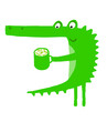 Green smiling cartoon crocodile holding cup of cappuccino on white background