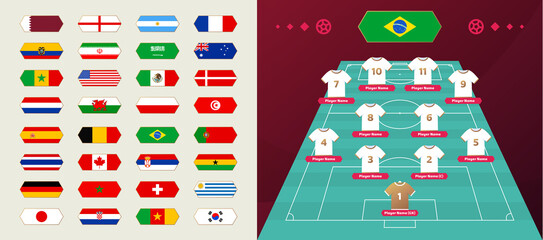 Wall Mural - Set of national teams flag and line-up world Football 2022 tournament final stage vector illustration. Country team lineup table and Team Formation on Football Field. Vector country flags.