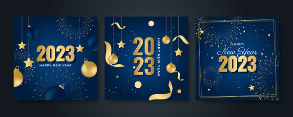 Wall Mural - Happy new year 2023 square post card background for social media template. Blue and gold 2023 new year winter holiday greeting card template. Minimalistic trendy banner for branding, cover, card.