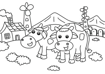 Wall Mural - cow in the garden cute cartoon coloring page for kids vector