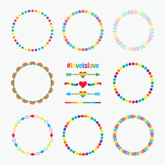 Wall Mural - Cute colorful rainbow circle emblems design elements set with heart arrows on white background