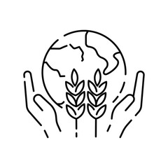 Sticker - Food justice. Volunteer organization poor. Food insecurity. Global food crisis world line icon. Grain, wheat or cornflour. Hunger, poverty and famin. Help market price