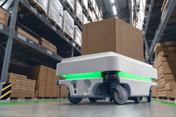 Poster - Mobile robot transporting a box in a warehouse. Concept	