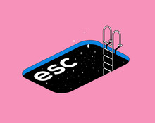 Escape Conceptual Metaphor Illustration With Escape Computer Button In The Form Of A Pool With Stairs And Starry Night Texture. Vector Illustration