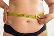 © Юля Бурмистрова - Cropped close-up adipose woman with big excess cellulite belly, measuring with tape roulette. Check diet size before and after. Visceral fat on stomach. Unhealthy lifestyle. Perfect result of dieting