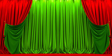 3D Render Of Open Red And Green Curtains Background Template.  Theater Curtain
