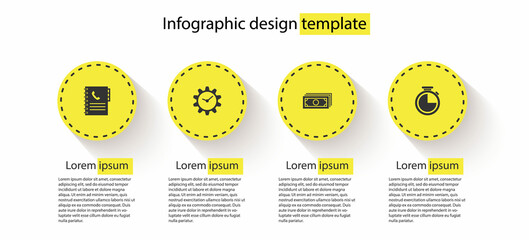 Sticker - Set Phone book, Time Management, Stacks paper money cash and Stopwatch. Business infographic template. Vector