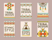 Native Tribal Posters. Brochure Or Presentation With Ethnic Patterns. Flyer Or Header Banners With National Print. Indian Dream Catcher And Teepee. Vector Indigenous Style Cards Set