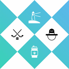 Canvas Print - Set Ice hockey sticks and puck, Coffee cup to go, Lighthouse and Canadian ranger hat icon. Vector