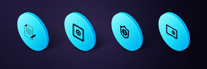 Canvas Print - Set Isometric Safe, Shield with dollar, and Document and pen icon. Vector