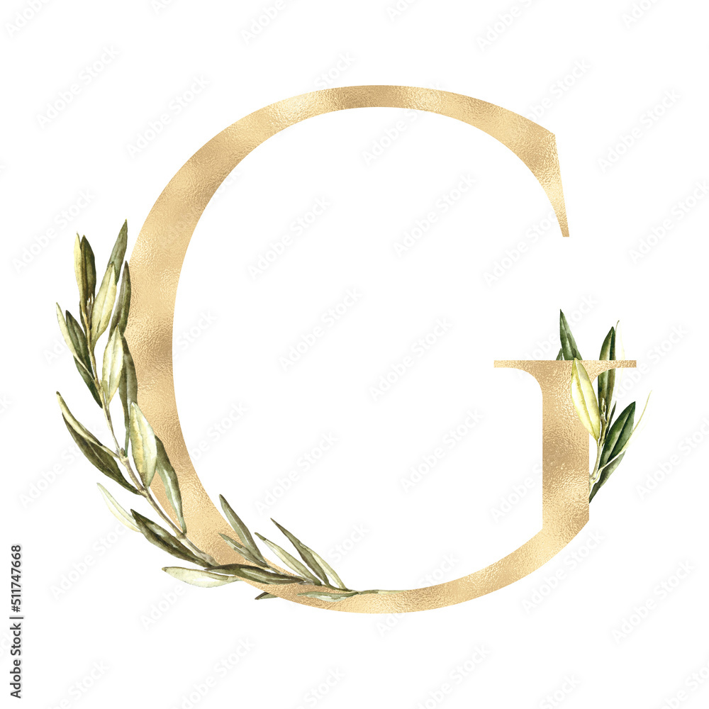 Watercolor Gold Olive Floral Alphabet letter G with flowers. Feminine ...