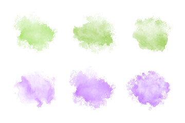 Wall Mural - Set of abstract purple and green watercolor water splash. Vector watercolour texture in blue and salad colors. Ink paint brush stain. Purple and green soft light blot. Watercolor violet splash