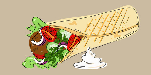 Doner, shawarma, or burrito, fast food menu snack, street food delivery and takeaway. Icon for delivery service, mobile apps, websites, logos Vector illustration, hand drawn or doodle.