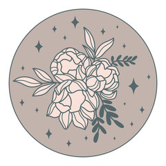 Wall Mural - Outline peony flowers boho vector design. Boho mystical wildflowers. Celestial florals and stars