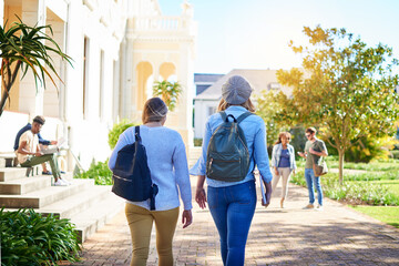 Poster - On our way to class ready to learn. Rearview shot of unrecognizable university students walking to class on campus.