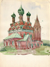 Watercolor Landscape With The Brick 17th Century Church Of The Epiphany In Traditional Ancient Architectural Style With Kokoshniks And Onion Shape Domes In The Town Of Yaroslavl, Russia