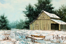 Winter Landscape Of An Old Barn House And Wooden Wagon, Macro Of Oil Painting.  Christmas Holiday Or Old West Concept.