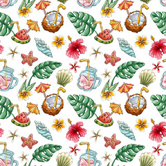 Seamless pattern with tropical summer elements, background with sea beach objects