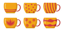 A Set Of Bright Autumn Cups For Tea In Yellow-red Color With A Different Print In A Flat Style. Vector Image.