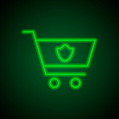 Wall Mural - Shopping cart, protection simple icon vector. Flat design. Green neon on black background with green light.ai