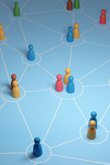 wooden pawns on interconnected circles. concept of interrelationships. 3d illustration.