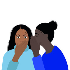 Portrait image of two black girls who gossip, flat vector, isolate on a white background, one girl says something in the ear of the other