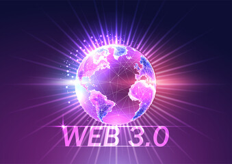 Wall Mural - Concept of Web 3.0 future technology website with text and planet hologram on dark blue to purple