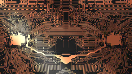 Technology background of abstract electrical circuit board with copper traces. Modern electronic device. Futuristic computer element. 3d illustration
