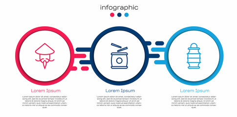 Set line Asian or Chinese conical straw hat, drum and paper lantern. Business infographic template. Vector