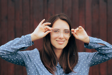 Canvas Print - Happy Woman Wearing Transparent Frame Eyeglasses 