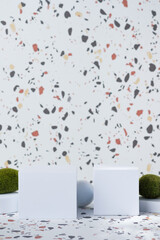Leinwandbilder - White geometric pedestal on terrazzo background with summer sunlight and green moss rock