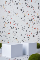 Leinwandbilder - White geometric pedestal on terrazzo background with summer sunlight and green moss rock