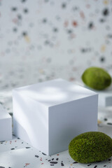 Poster - White geometric pedestal on terrazzo background with summer sunlight and green moss rock
