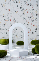 Poster - White geometric pedestal on terrazzo background with summer sunlight and green moss rock