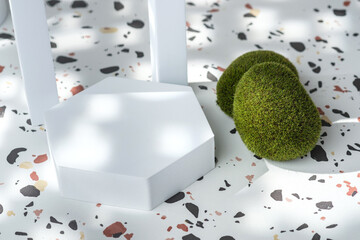 Poster - White geometric pedestal on terrazzo background with summer sunlight and green moss rock