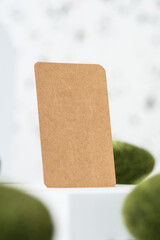 Poster - kraft paper on white geometric pedestal on terrazzo background with summer sunlight and moss rock