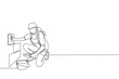 Single one line drawing repair worker laying ceramic wall tile. Professional tiler in uniform working. Repairwoman in overalls tiling at home. Continuous line draw design graphic vector illustration