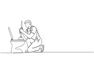 Wall Mural - Single one line drawing toilet cleaning, plumbing service. Plumbing toilet leakage or clogging, plumber repair tools. Sewage system. Toilet bowl and sewer. Continuous line draw design graphic vector