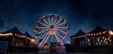 Fototapeta Łazienka - Old carnival with a ferris wheel on a cloudy night. 3D rendering, illustration