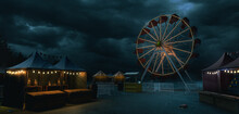 Old Carnival With A Ferris Wheel On A Cloudy Day. 3D Rendering, Illustration